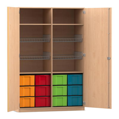 Flexeo® Sportschrank, 4 Gitterkörbe, 12 große Boxen