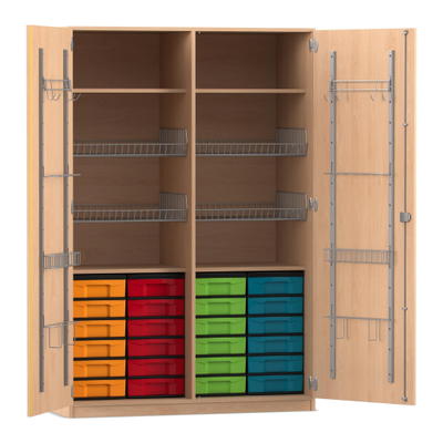 Flexeo® Sportschrank, Gerätehaken, 4 Gitterkörbe, 24 kleine Boxen