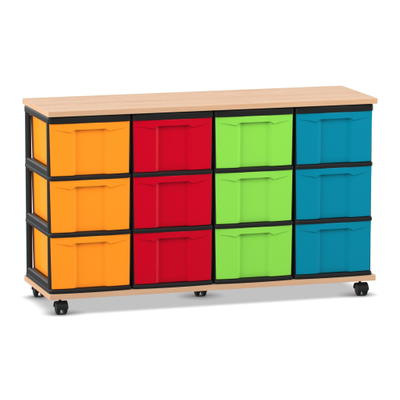 Flexeo® Fahrbares Containersystem mit Ablage, 12 große Boxen