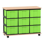 Flexeo® Fahrbares Containersystem mit Ablage, 9 große Boxen