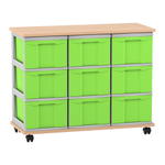 Flexeo® Fahrbares Containersystem mit Ablage, 9 große Boxen