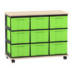 Flexeo® Fahrbares Containersystem mit Ablage, 9 große Boxen