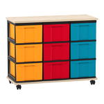 Flexeo® Fahrbares Containersystem mit Ablage, 9 große Boxen