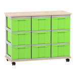 Flexeo® Fahrbares Containersystem mit Ablage, 9 große Boxen