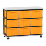 Flexeo® Fahrbares Containersystem mit Ablage, 9 große Boxen