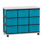 Flexeo® Fahrbares Containersystem mit Ablage, 9 große Boxen