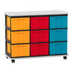 Flexeo® Fahrbares Containersystem mit Ablage, 9 große Boxen
