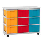 Flexeo® Fahrbares Containersystem mit Ablage, 9 große Boxen