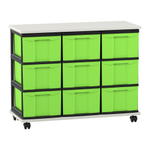 Flexeo® Fahrbares Containersystem mit Ablage, 9 große Boxen