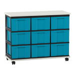 Flexeo® Fahrbares Containersystem mit Ablage, 9 große Boxen