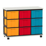 Flexeo® Fahrbares Containersystem mit Ablage, 9 große Boxen