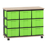Flexeo® Fahrbares Containersystem mit Ablage, 9 große Boxen