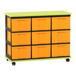 Flexeo® Fahrbares Containersystem mit Ablage, 9 große Boxen