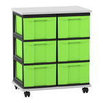 Flexeo® Fahrbares Containersystem mit Ablage, 6 große Boxen
