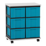 Flexeo® Fahrbares Containersystem mit Ablage, 6 große Boxen