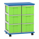 Flexeo® Fahrbares Containersystem mit Ablage, 6 große Boxen