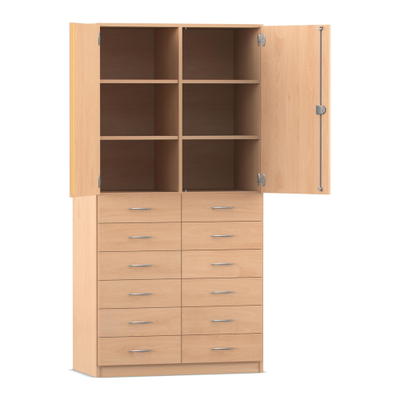Flexeo® Schrank, 12 kleine Schubladen, 6 Fächer, Mittelwand, 2 Türen