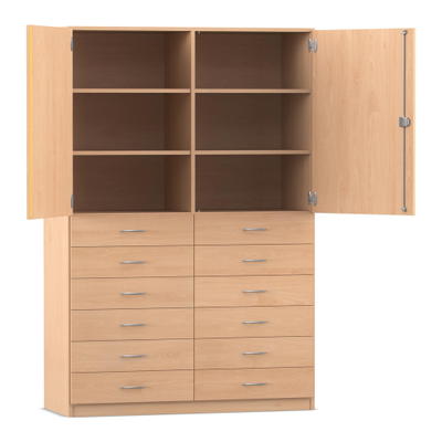 Flexeo® Schrank, 12 kleine Schubladen, 6 Fächer, Mittelwand, 2 Türen
