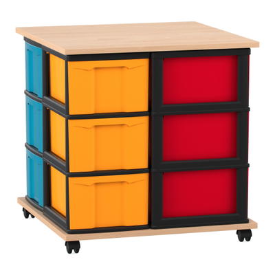 Flexeo® Fahrbares Containersystem mit Ablage, 12 große Boxen