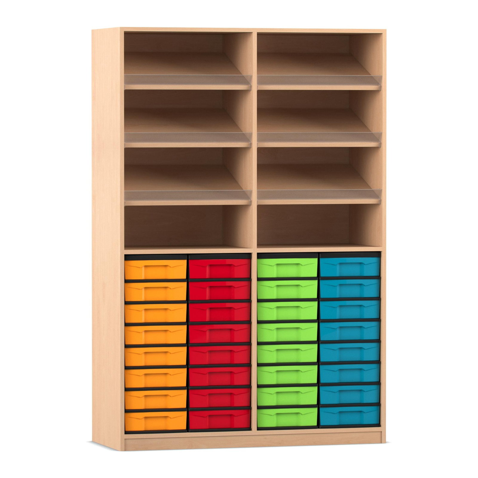 Flexeo® Regal, 4 Reihen, 32 kleine Boxen, 6 Schrägablagen | Flexeo-Systemmöbel
