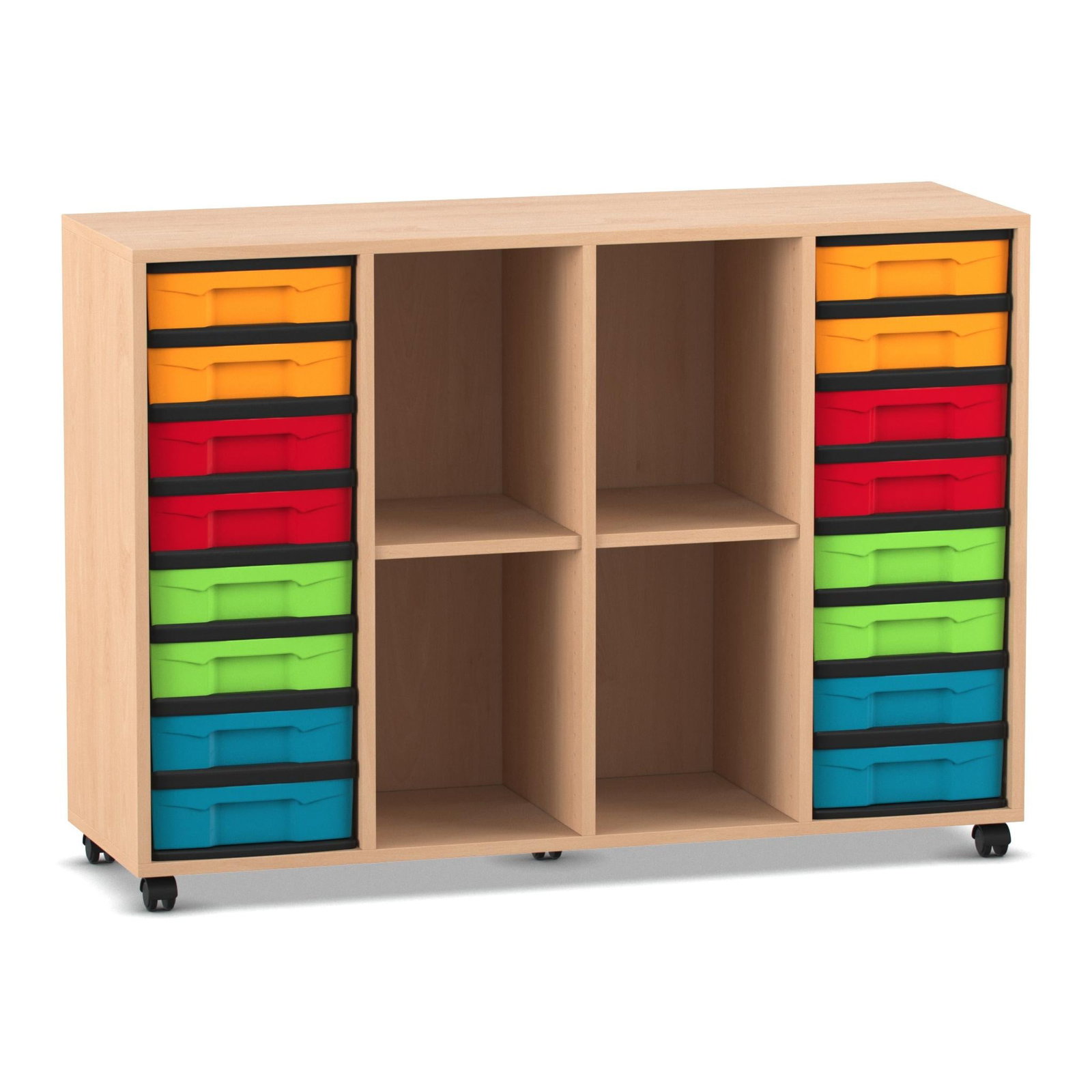 Flexeo® Regal, 4 Reihen, 8 große Boxen, 4 Fächer mittig | Flexeo-Systemmöbel
