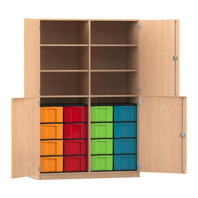 Flexeo® Schrank, 16 große Boxen, 6 Fächer, Mittelwand, 4 Halbtüren