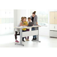 Elektrisch höhenverstellbarer Tisch Emil, TH 69-110 cm, Sperrholzplatte, abgerundete Ecken – alufarben – HPL weiß - 096626 x 19