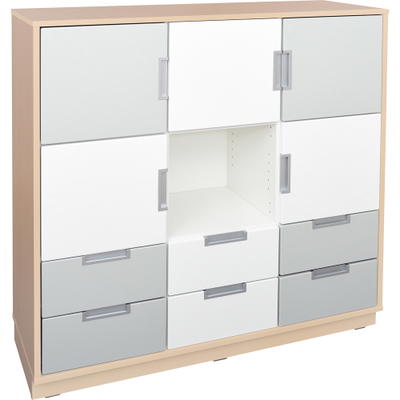 Schrank L mit 5 Türen und 6 Schubladen, B 116, weiß/grau (Quadro 114/114W-180°)