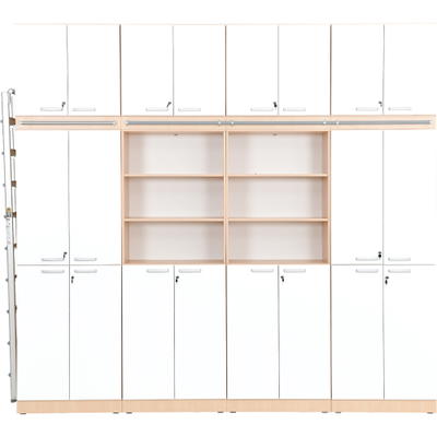 Regalwand mit Leiter, T 48, H 301, 4-reihig – Ahorn Jylland, Türen weiß (Grande 27)