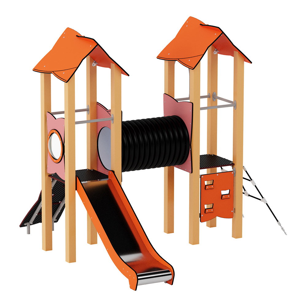 Doppel-Spielturm aus Metall mit Tunnel, Kletterwand und Rutsche – Urbi Me Set 4 - NV60004MP A b 25