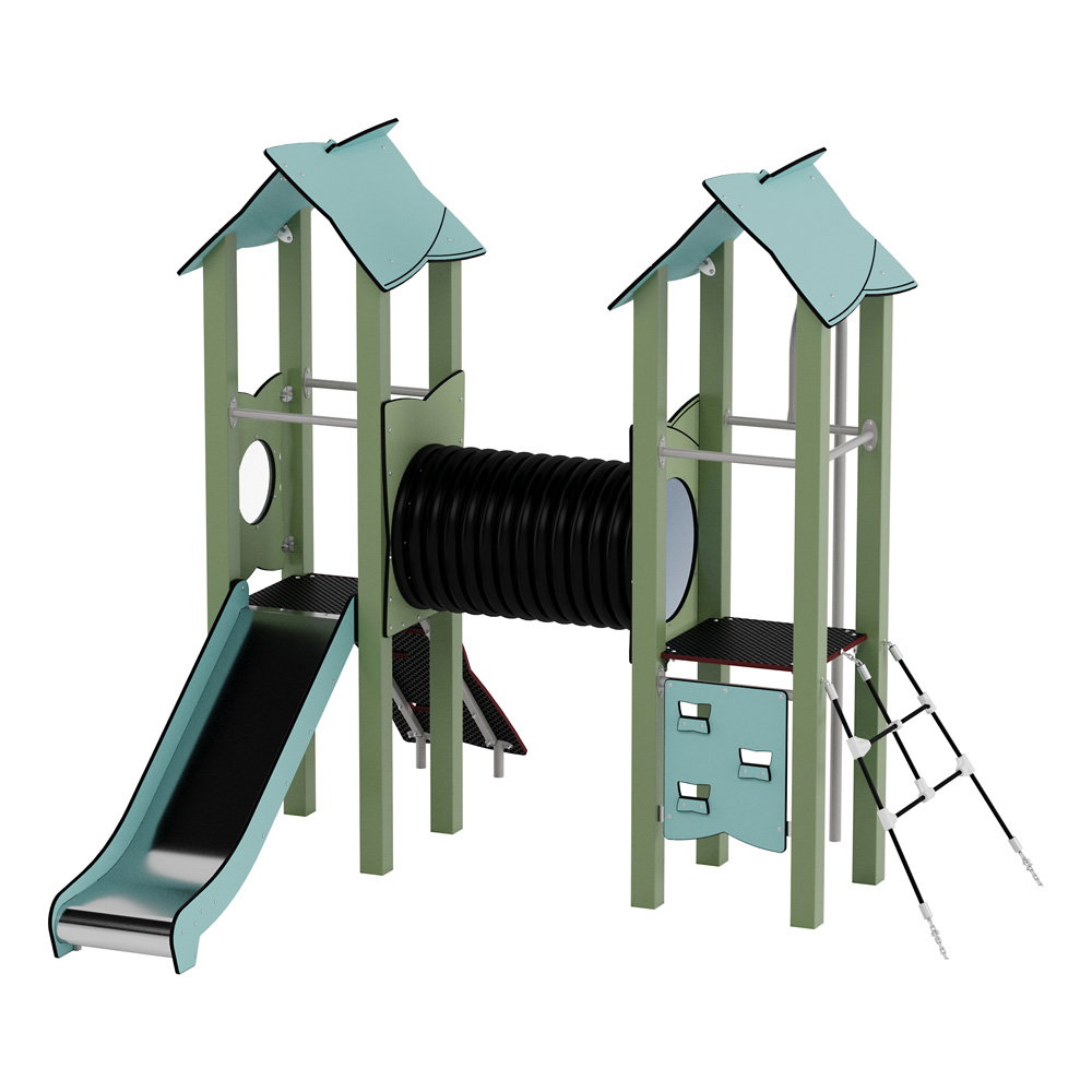 Doppel-Spielturm aus Metall mit Tunnel, Kletterwand und Rutsche – Urbi Me Set 4 - NV60004MP C c 25