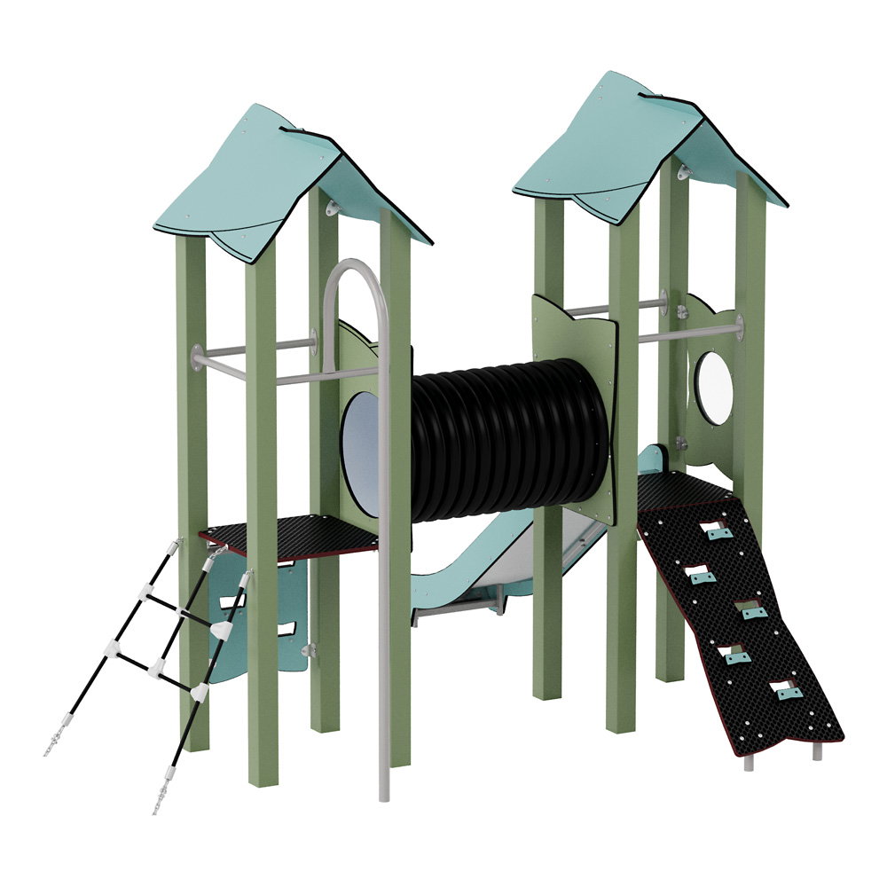 Doppel-Spielturm aus Metall mit Tunnel, Kletterwand und Rutsche – Urbi Me Set 4 - NV60004MP C e 25
