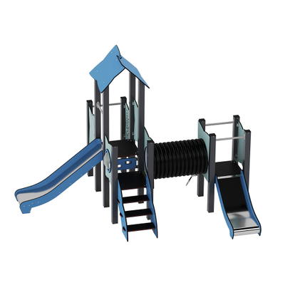 Doppel-Spielturm aus Metall mit zwei Rutschen, Tunnel und Kletterrampe – Urbi Me Set 5