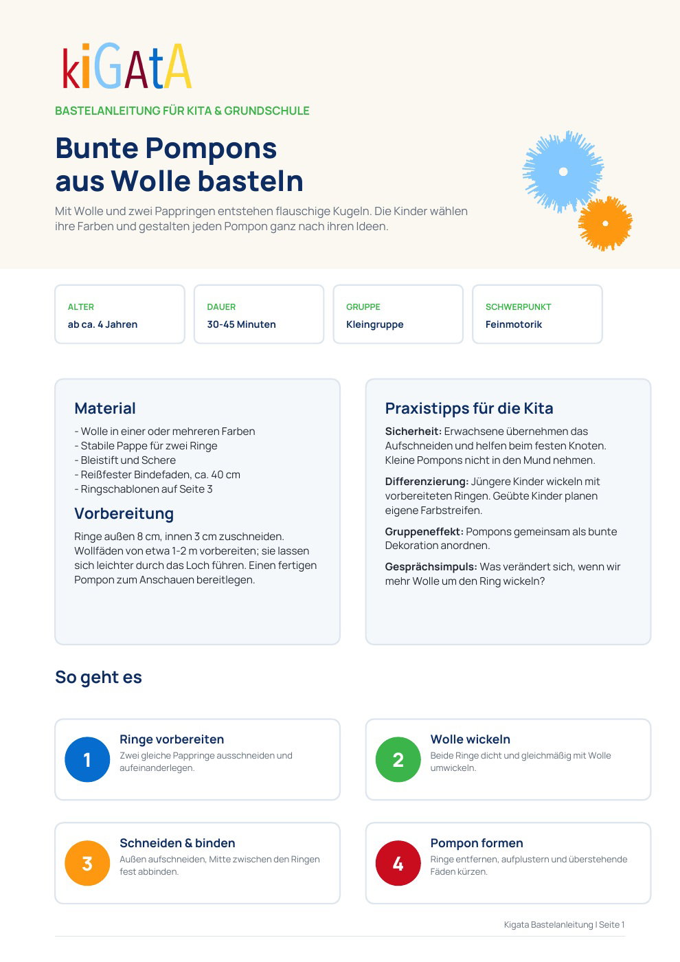 PDF-Vorschau zu Pompons basteln mit Kindern: Einfache Anleitung für Kita & Kindergarten